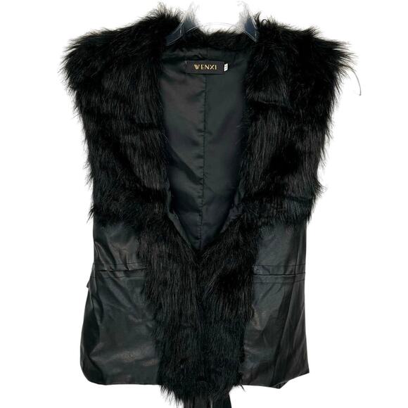 WENXI | Black Faux Leather with Faux Fur Collar Tie Back Vest | Women's Medium - Picture 1 of 7